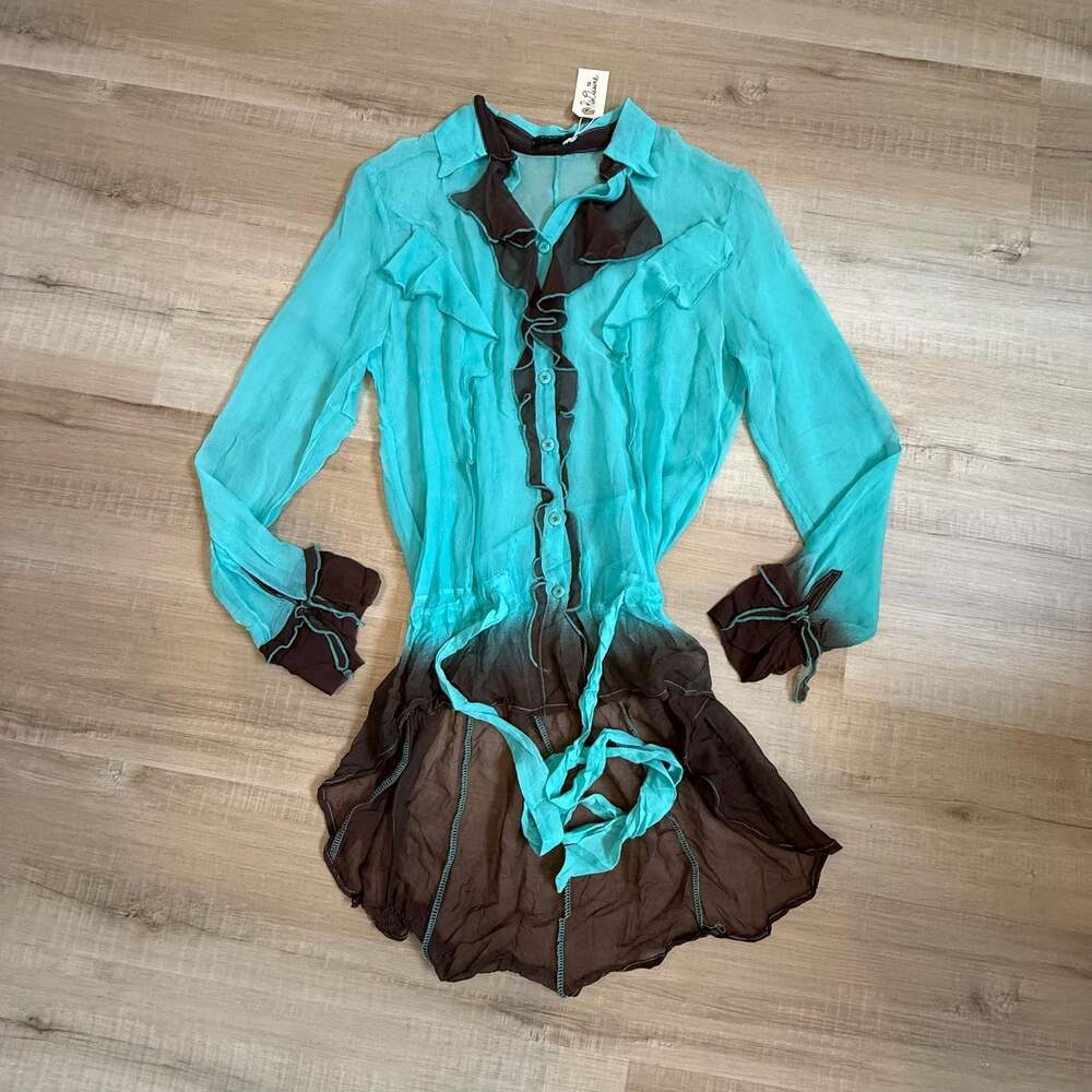 Vintage Silk Sonia Fortuna Turquoise Brown Ombre Ruffle Tunic Blouse Size Small
